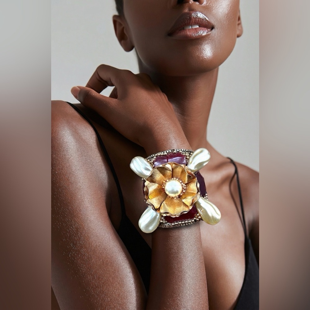 Vintage Cuff Bracelet Gold and Red Floral Statement ‘One of A Kind’